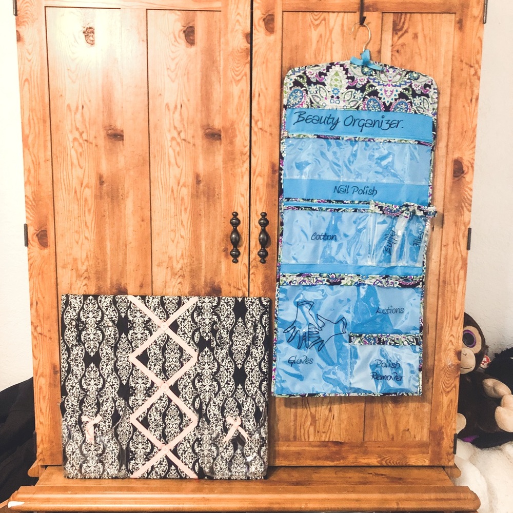 Enchante Accessories Hanging toiletries Bag and Fabric Cork Board Organizer.